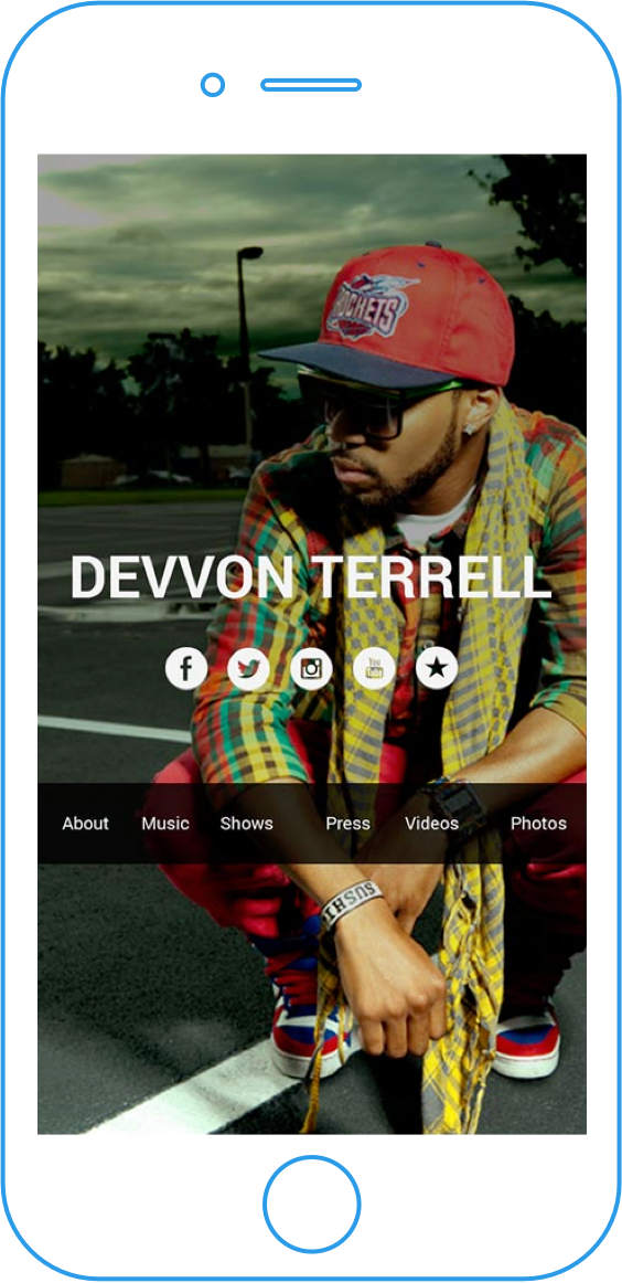 Sample of musician website on desktop browser.